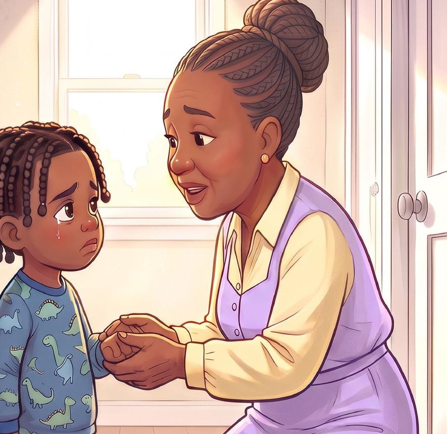 Honey holding her grandson's hands as he cries
